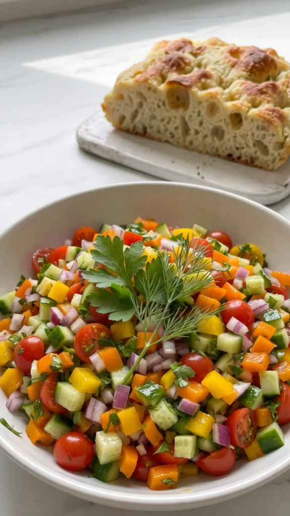Frischer Orzo-Salat serviert mit Keto-Knoblauchbrot — Bunter Low-Carb Nudelsalat neben einer ofenfrischen Scheibe Knoblauchbrot.