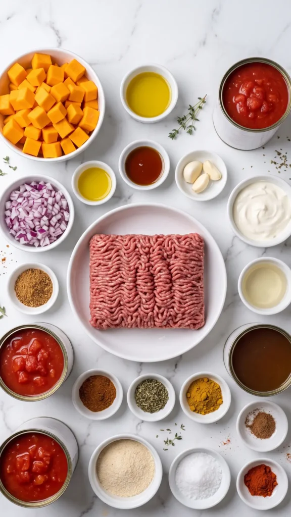 Zutaten für Kürbisbolognese: Rinderhackfleisch, gewürfelter Hokkaido-Kürbis, rote Zwiebeln, stückige Tomaten und Creme fraiche.