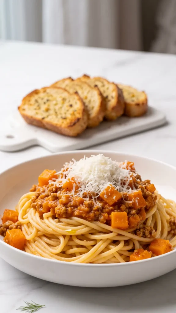 Kürbis-Bolognese serviert mit Keto-Knoblauchbrot — Deftige herbstliche Bolognese neben einer Scheibe röstfrischem Knoblauchbrot.