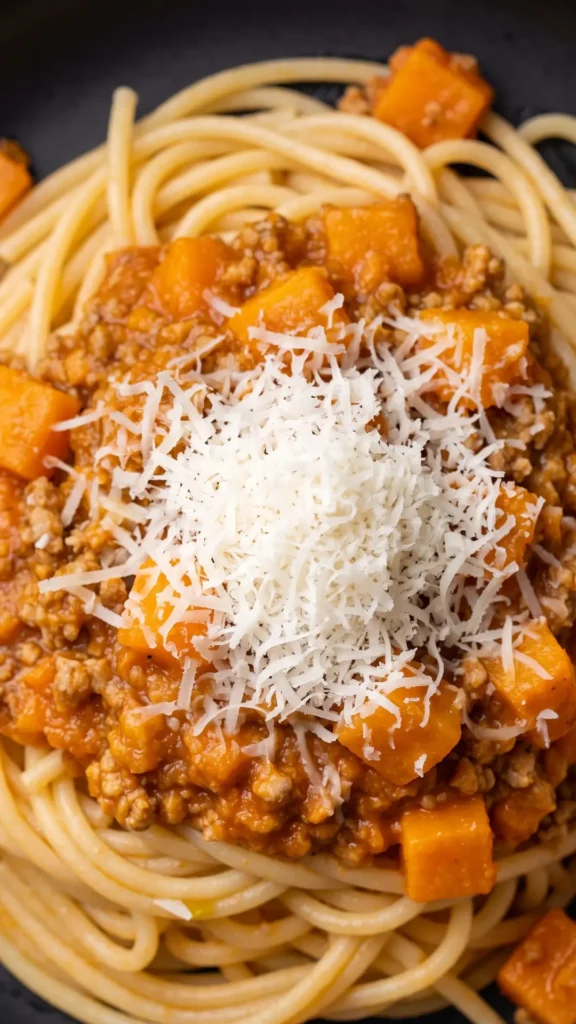 Nahaufnahme von Kürbis-Bolognese — Detailansicht der sämigen Fleischsauce mit Kürbisstücken und geriebenem Parmesan.