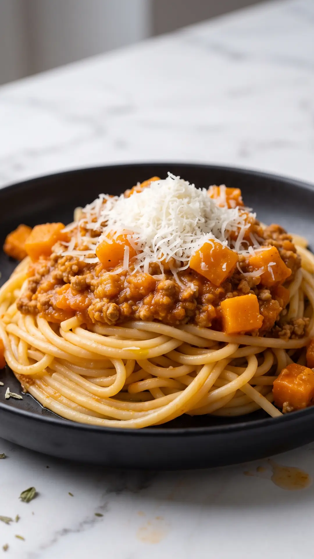 Kürbis-Bolognese aus der Froschperspektive — Spektakuläre Ansicht des Nudelbergs, reichlich bedeckt mit Kürbis-Fleischsauce.