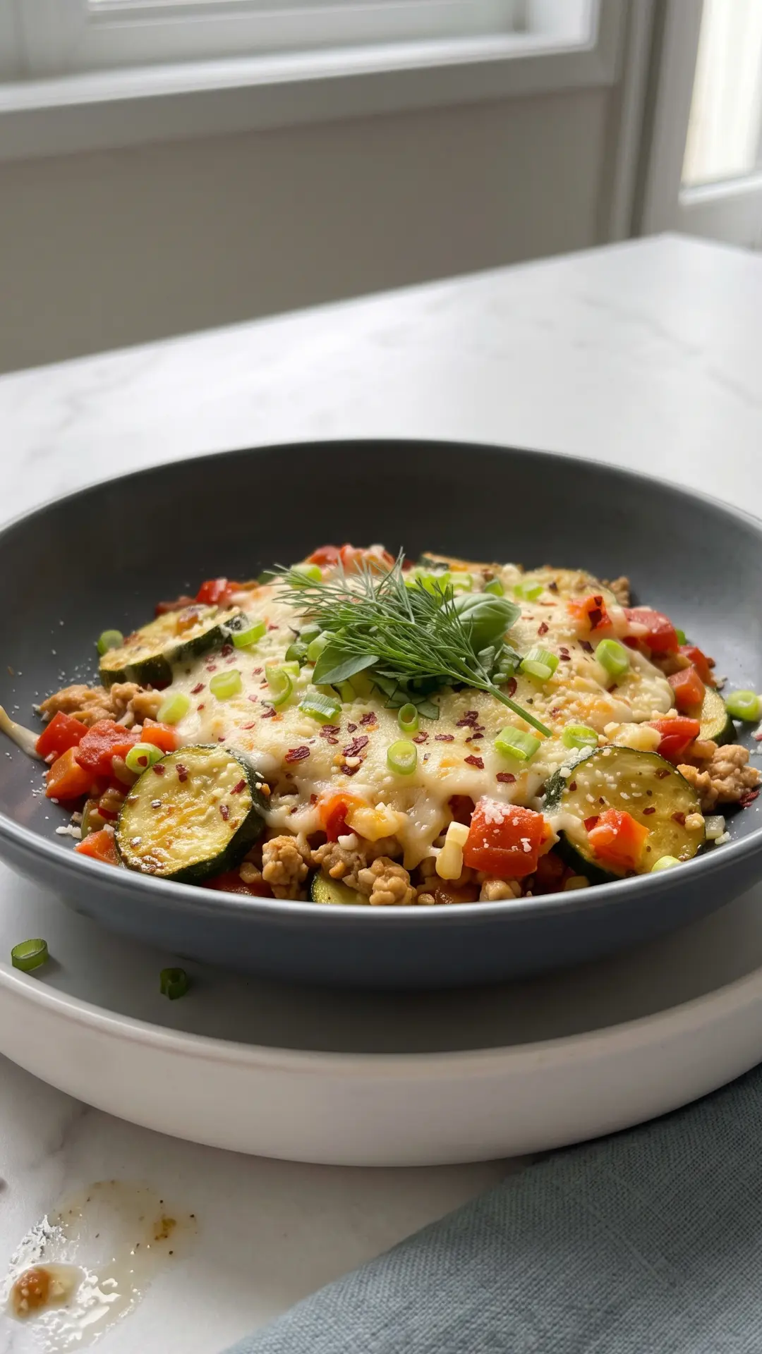 Zucchini-Auflauf mit Hähnchenhackfleisch aus der Froschperspektive — Tiefe Perspektive, die das reiche Volumen und den dicken geschmolzenen Käse betont.