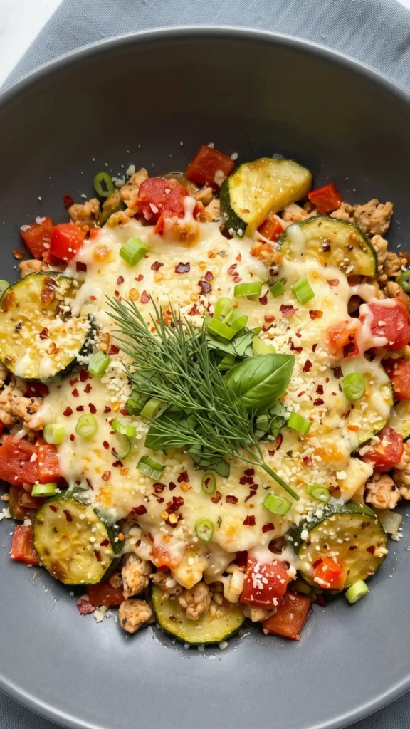 Nahaufnahme von Zucchini-Auflauf mit Hähnchenhackfleisch — Detailansicht der blubbernden Käseschicht und Kräuter-Garnitur.
