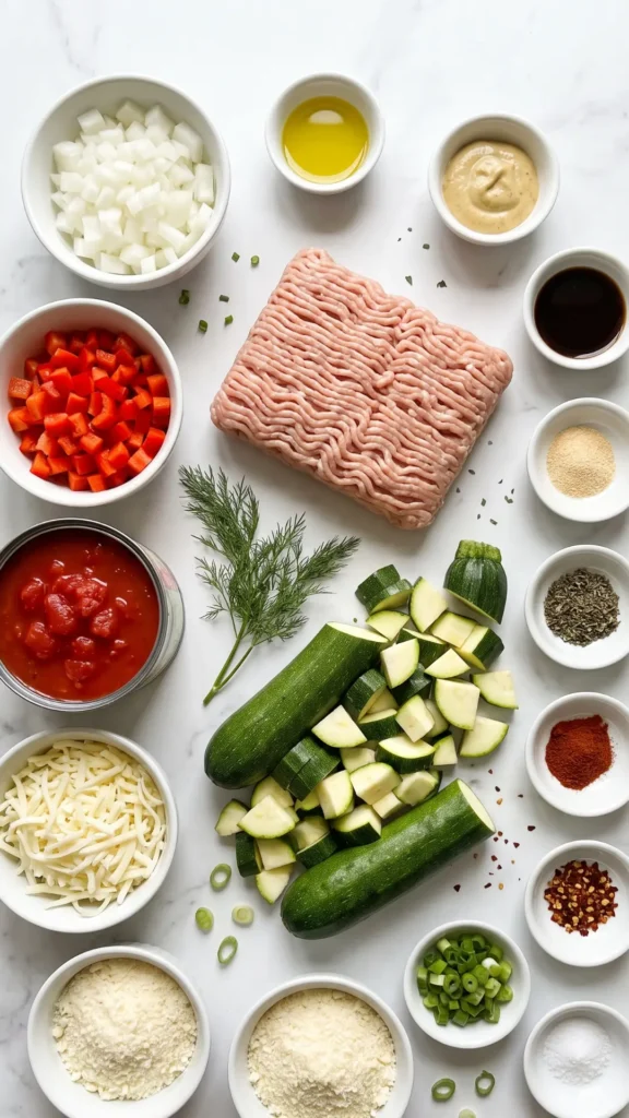 Zutaten für Zucchini-Auflauf mit Hähnchenhackfleisch: Zucchini, Hackfleisch, Tomaten, Paprika, Zwiebeln, Mozzarella und Parmesan.