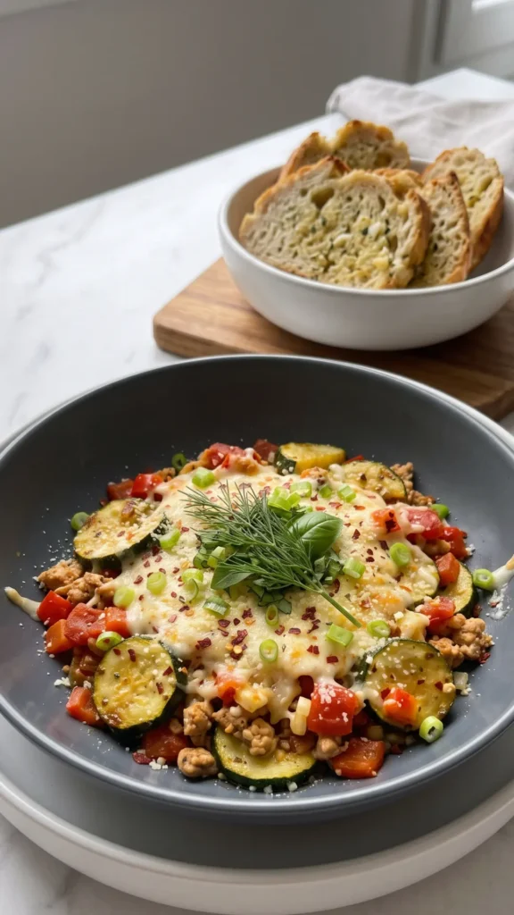 Zucchini-Auflauf mit Hähnchenhackfleisch serviert mit Keto-Knoblauchbrot — Ofenschale mit schmelzendem Auflauf direkt neben Knoblauchbrot.