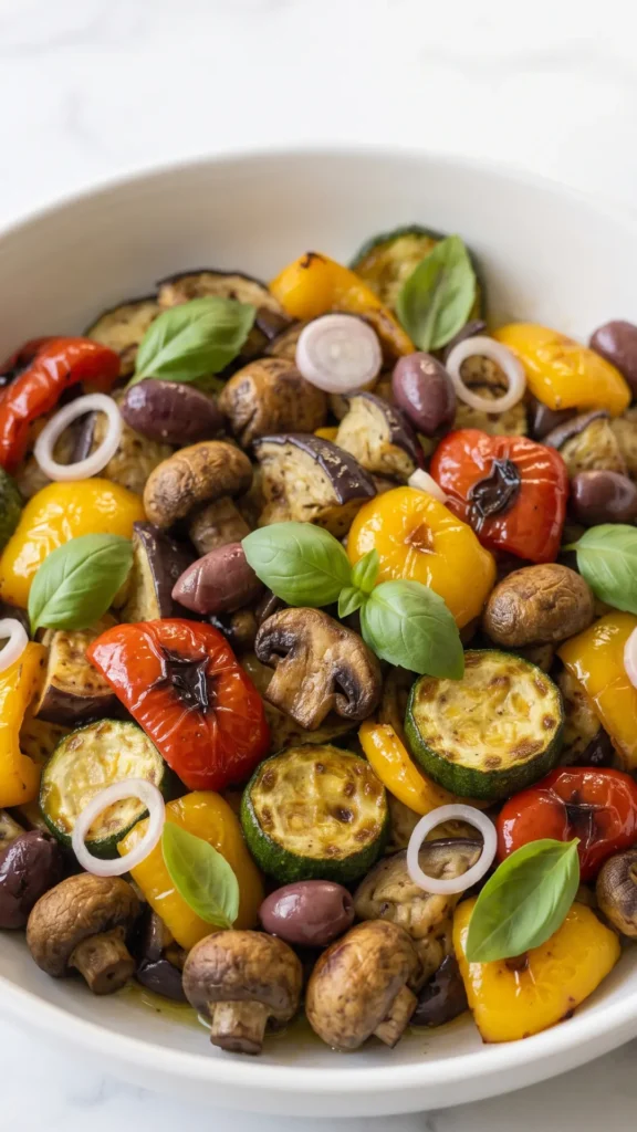 Nahaufnahme von italienische Antipasti — Detailansicht von gerösteten Auberginen- und Zucchinistücken in Kräuter-Öl