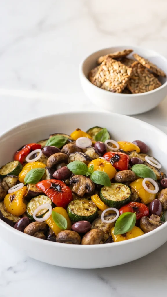 italienische Antipasti serviert mit Low-Carb Cracker — Mediterranes Vorspeisenszenario auf hellem Naturstein