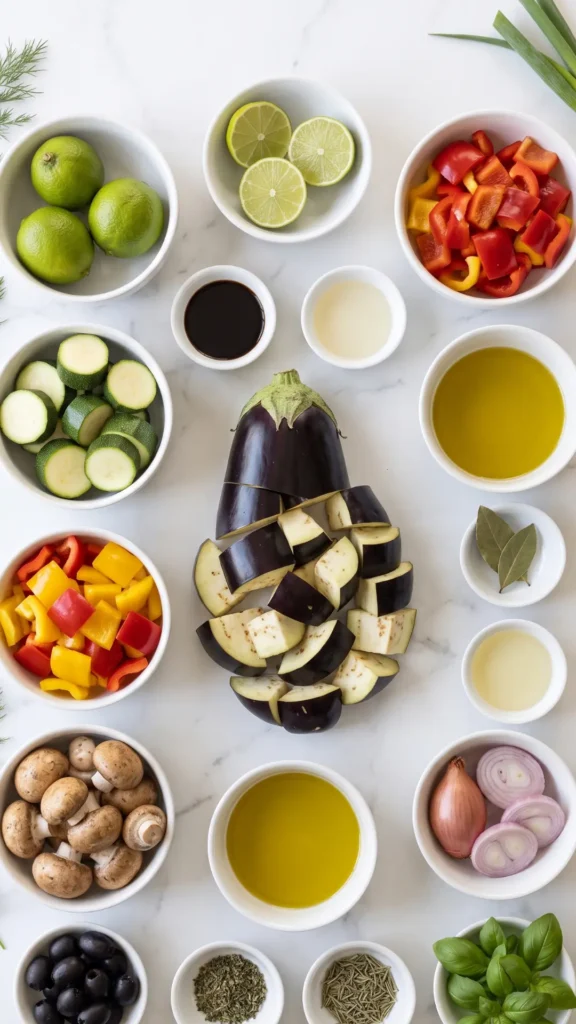 Zutaten für Antipasti: Eine Aubergine, Zucchini, bunte Paprikaschoten, Champignons und kaltgepresstes Olivenöl