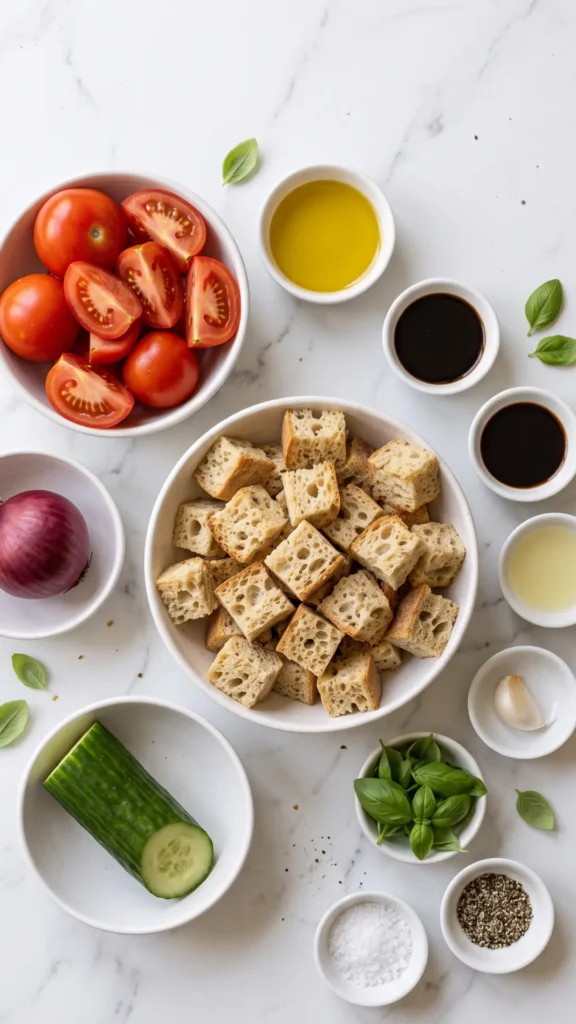 Zutaten für Panzanella: Keto-Brot, reife Tomaten, eine halbe Salatgurke, rote Zwiebeln, Olivenöl und frisches Basilikum.
