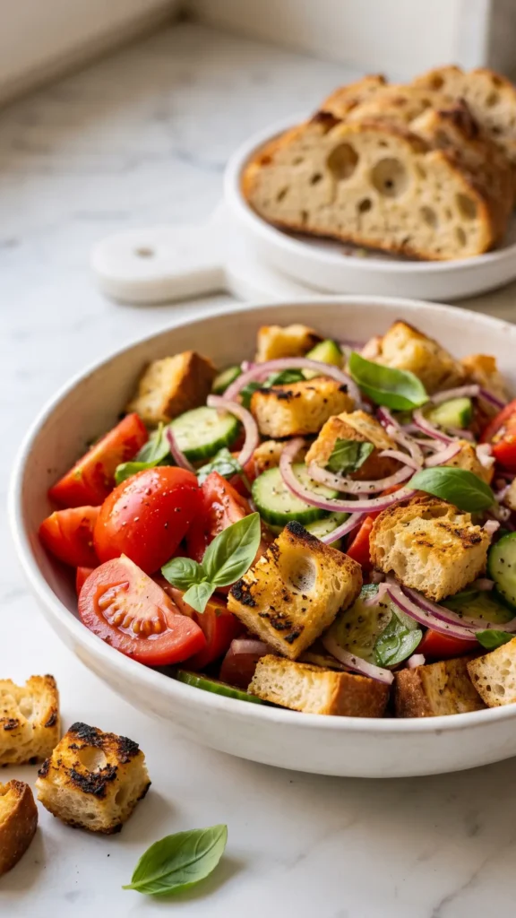 Italienischer Brotsalat serviert mit Keto-Knoblauchbrot — Knackige Panzanella neben einer knusprigen Scheibe Low-Carb Brot.