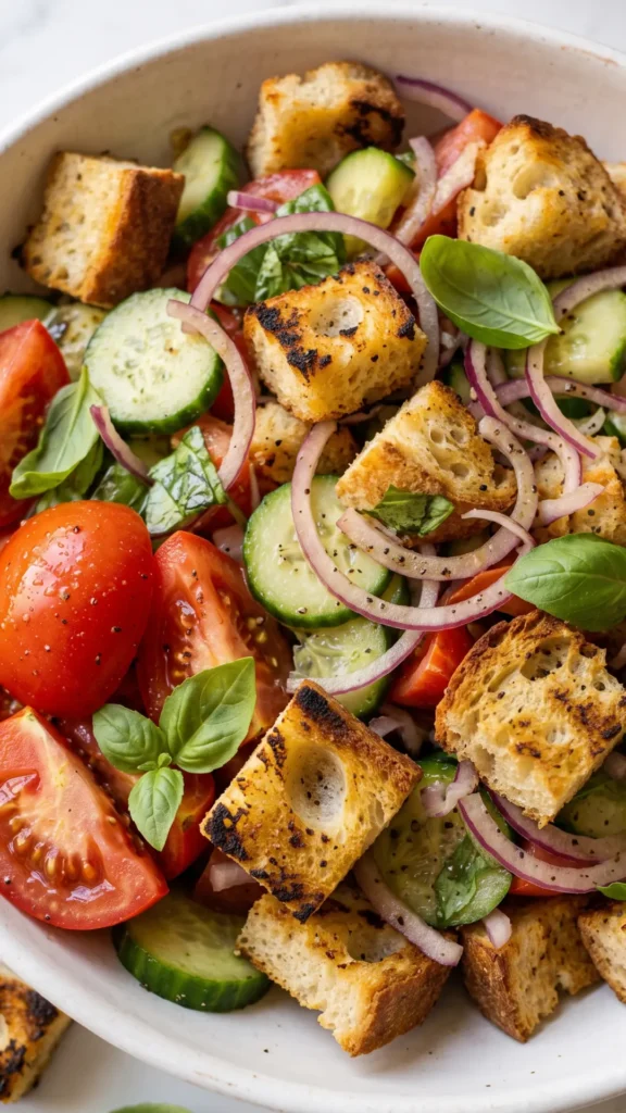 Nahaufnahme von Italienischem Brotsalat — Detailansicht der krossen Low-Carb Brotwürfel, saftigen Tomaten und Basilikum.