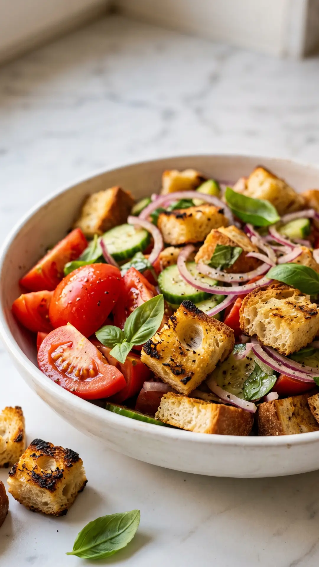 Italienischer Brotsalat aus der Froschperspektive — Tiefe Perspektive, die das saftige Rot der Tomaten und krosse Brotwürfel betont.