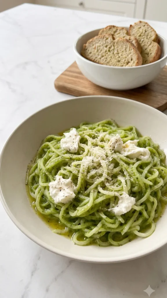 Keto Pasta mit Zucchini serviert mit Keto-Knoblauchbrot — cremiges Nudelgericht