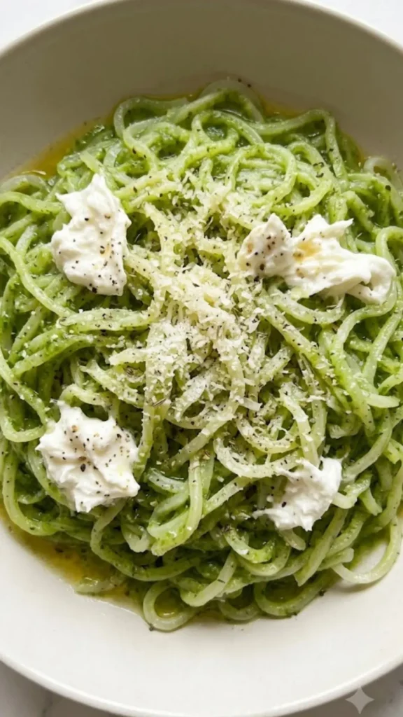 Nahaufnahme von Keto Pasta mit Zucchini — samtige grüne Zucchinisauce und Käse