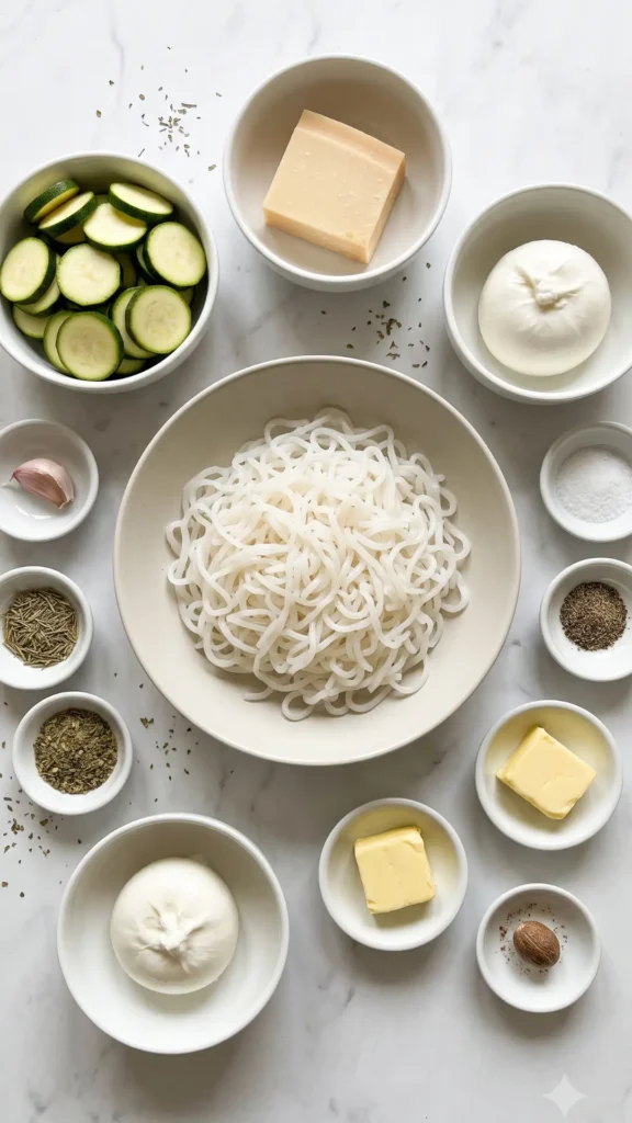 Zutaten für Keto Pasta mit Zucchini: Zucchini, Keto-Nudeln, Butter, Parmesan und Burrata