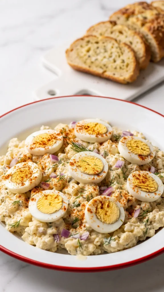Low-Carb Kartoffelsalat serviert mit Keto-Knoblauchbrot — Knuspriges Low-Carb Brot neben dem cremigen Blumenkohlsalat.