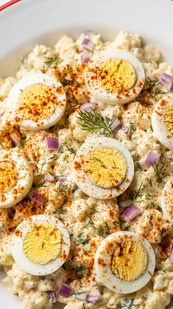 Nahaufnahme von Low-Carb Kartoffelsalat — Detailansicht der cremigen Textur mit Eierscheiben und feurigem Paprikapulver.