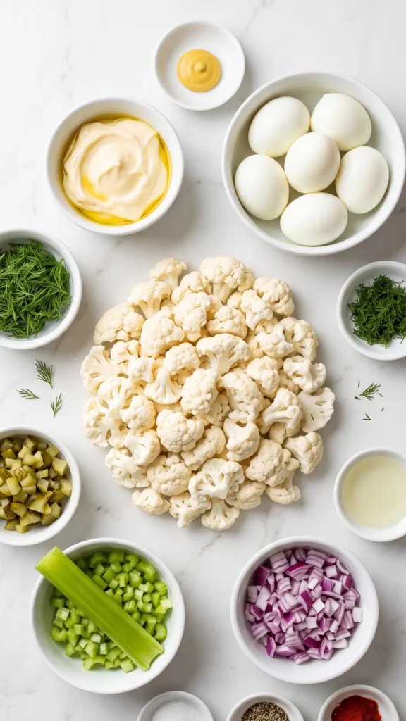 Zutaten für Low-Carb Kartoffelsalat: Frischer Blumenkohl, hartgekochte Eier, Sellerie, rote Zwiebeln und Mayonnaise.