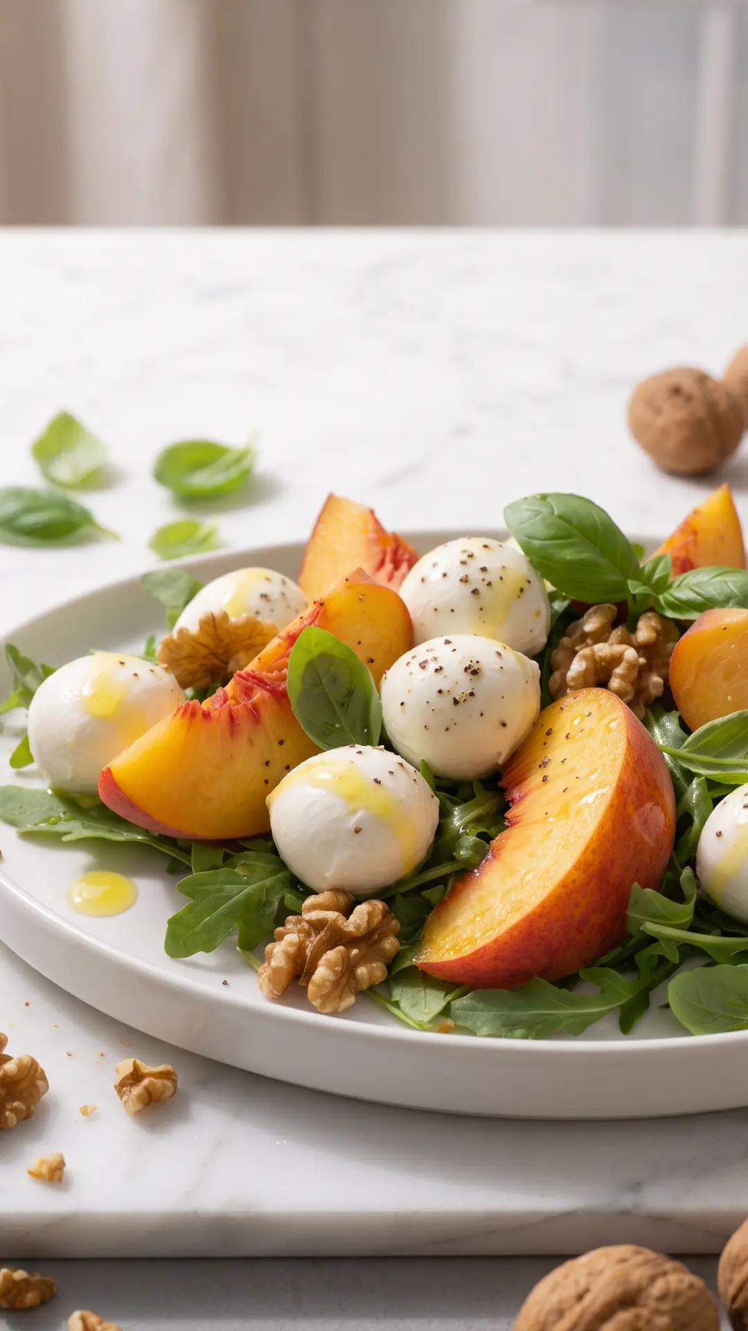 Millionärs-Pfirsichsalat aus der Froschperspektive — Tiefe Perspektive, die das saftige Pfirsichgelb und weiße Mozzarella betont.