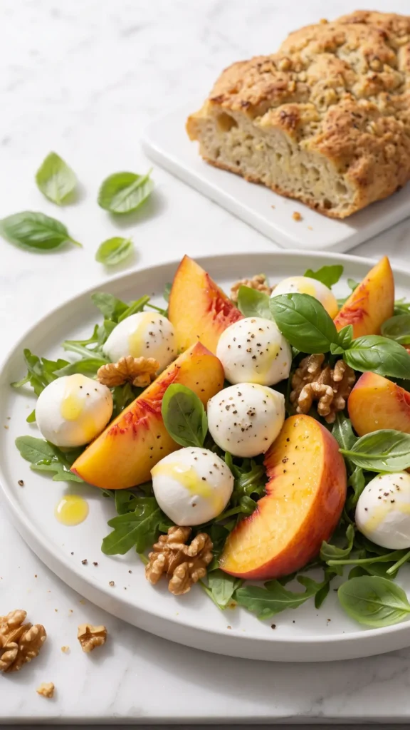Millionärs-Pfirsichsalat serviert mit Keto-Knoblauchbrot — Fruchtiger Sommersalat neben einer knusprigen Scheibe Low-Carb Brot.