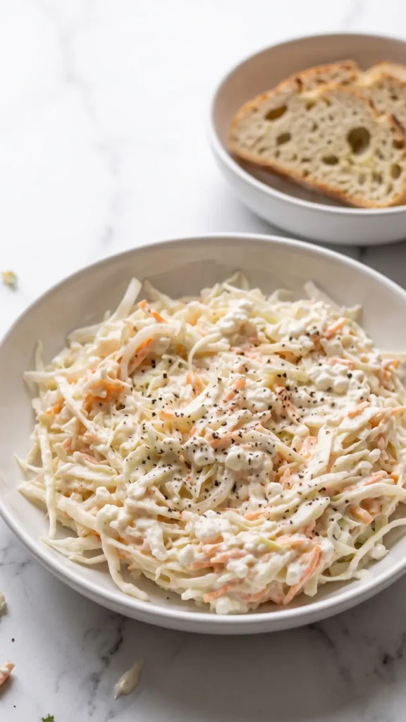 Protein-Krautsalat serviert mit Keto-Knoblauchbrot — gesunde Beilage auf Marmor