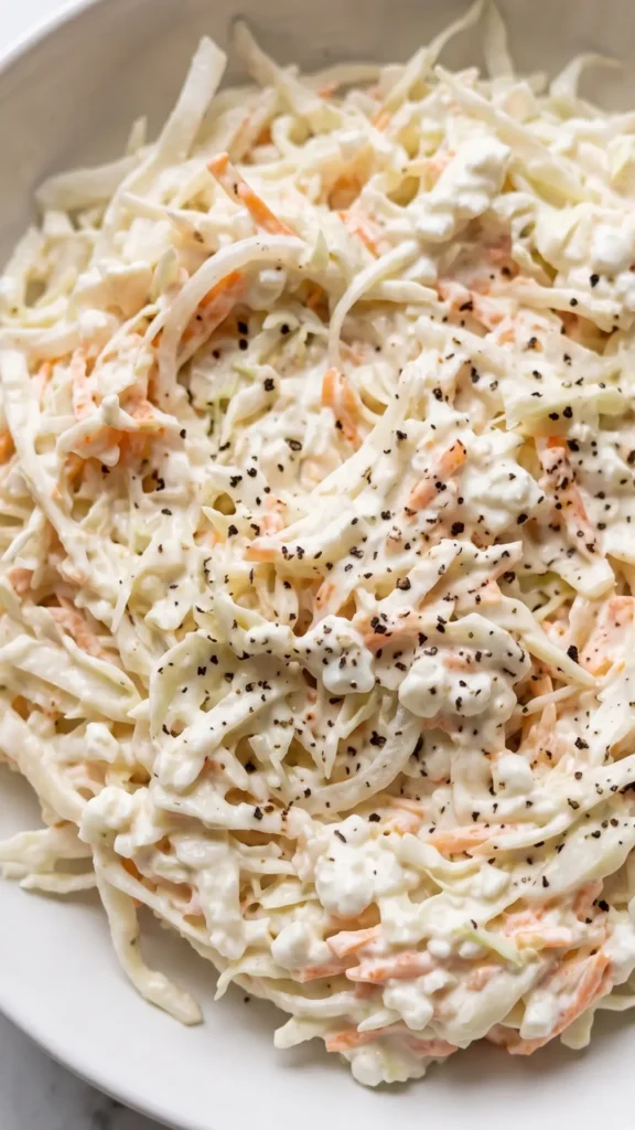Nahaufnahme von Protein-Krautsalat ohne Mayo — feine Krautstreifen in Joghurt-Dressing