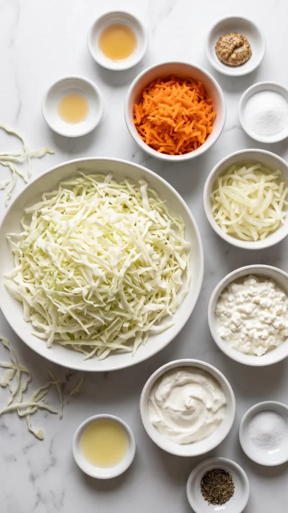 Zutaten für Protein-Krautsalat ohne Mayo: Weißkohl, Karotte, Hüttenkäse und griechischer Joghurt