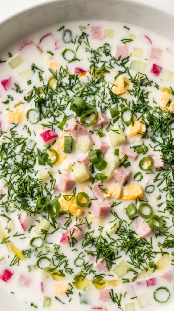 Nahaufnahme von russische Sommersuppe — Detailansicht der cremigen Schmandbasis mit fein gehacktem Dill