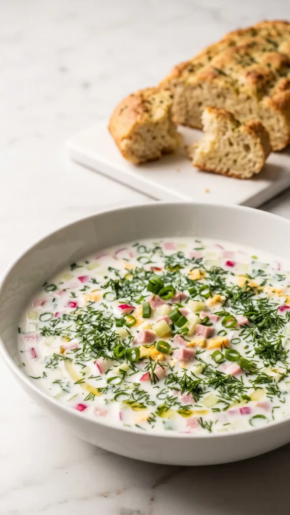 russische Sommersuppe serviert mit Low-Carb-Knoblauchbrot — Erfrischende kalte Suppe auf weißem Marmor präsentiert