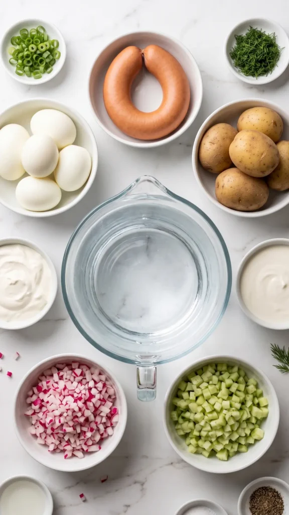 Zutaten für Russische Sommersuppe: Kartoffeln, Eier, Fleischwurst, Schmand und frische Kräuter