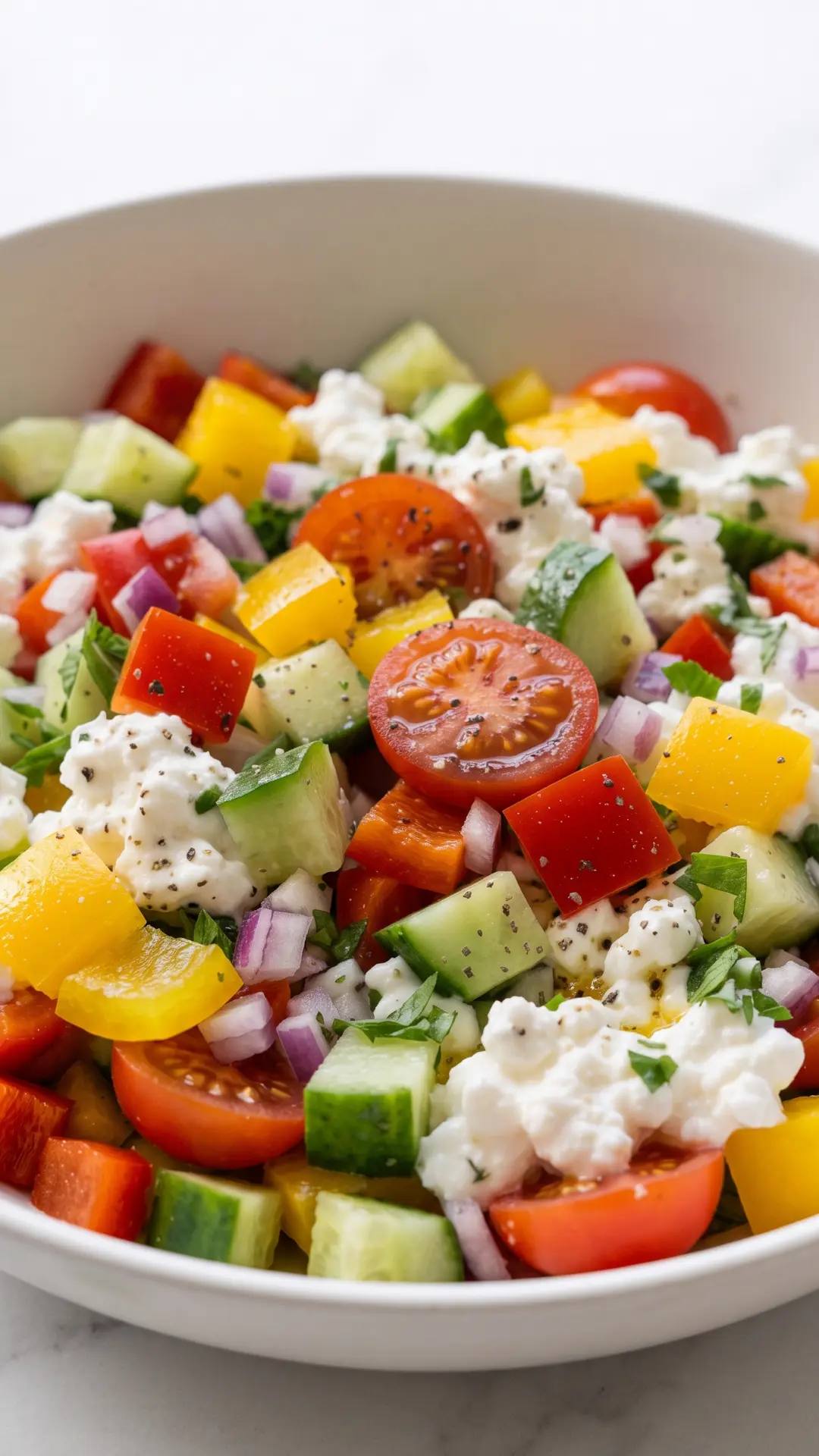 Frischer Keto Salat mit Hüttenkäse aus flacher Perspektive — bunte Zutaten im Teller