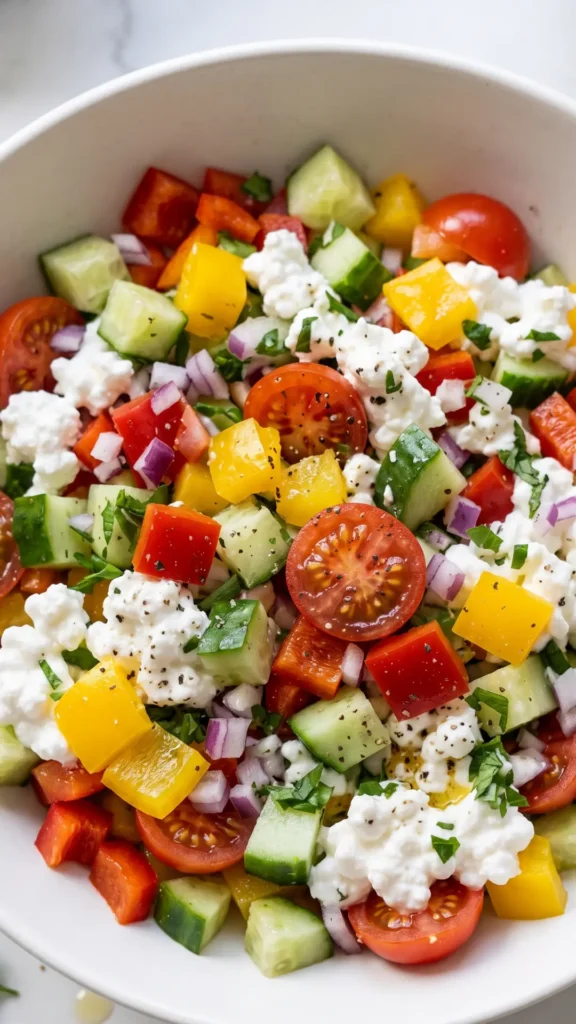 Nahaufnahme von Frischer Keto Salat mit Hüttenkäse — cremig-knackige Salattextur