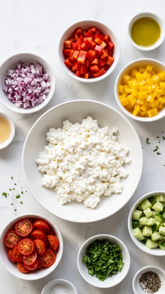 Zutaten für Frischer Keto Salat mit Hüttenkäse: Hüttenkäse, bunte Paprika und Gurke