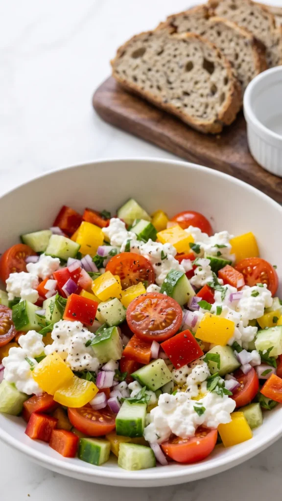 Frischer Keto Salat mit Hüttenkäse serviert mit Keto-Brot — helle Marmor-Kulisse