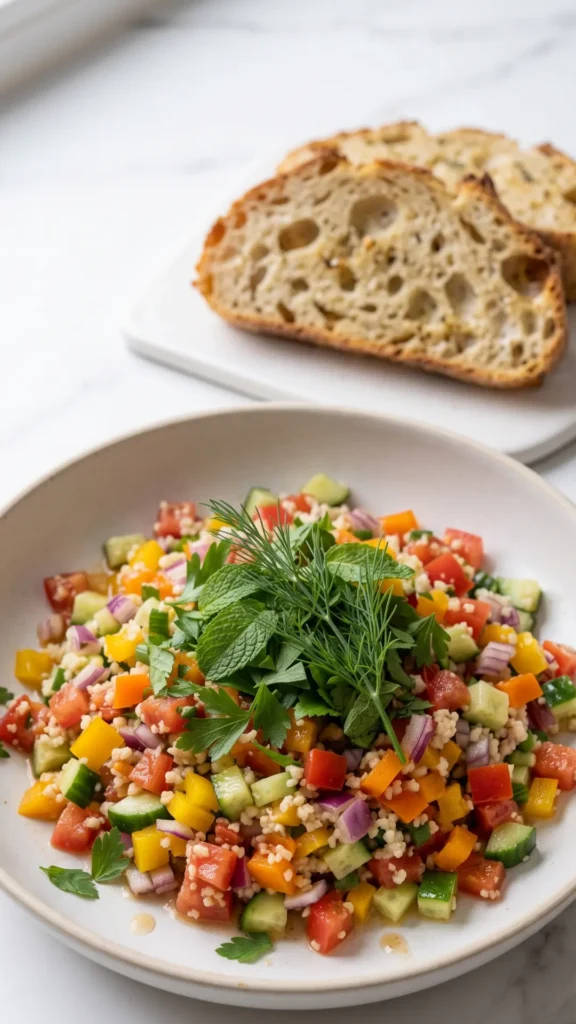 Keto Blumenkohl-Couscous Salat serviert mit Keto-Knoblauchbrot — Bunter orientalischer Salat direkt neben einer Scheibe Knoblauchbrot.