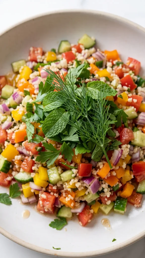 Nahaufnahme von Keto Couscous-Salat — Detailansicht der feinen Blumenkohl-Körner, Tomatenwürfel und Kräuter.