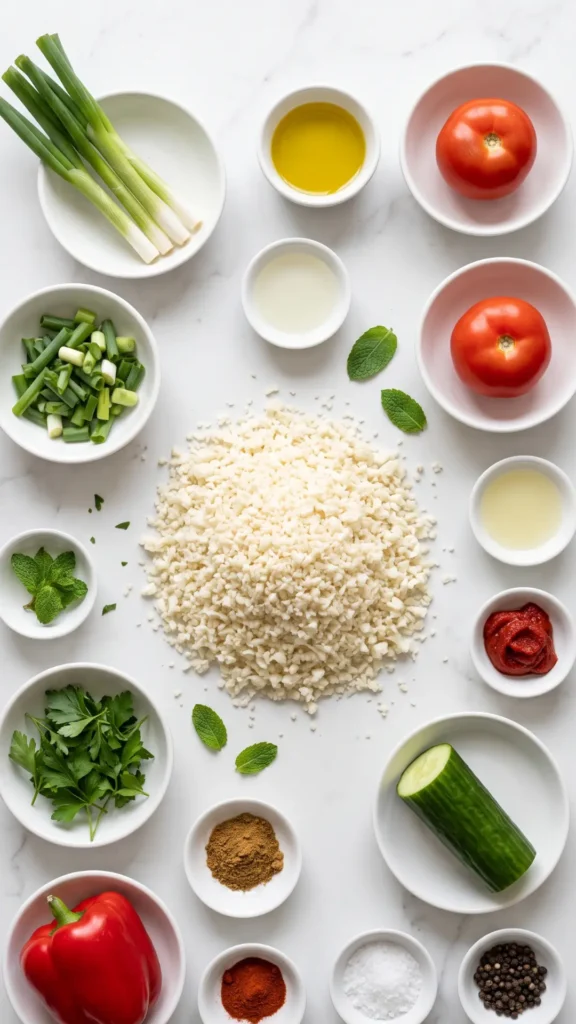 Zutaten für Keto Couscous-Salat: Blumenkohl-Couscous, Frühlingszwiebeln, Tomaten, Paprika, Gurke, Minze, Petersilie und Olivenöl.