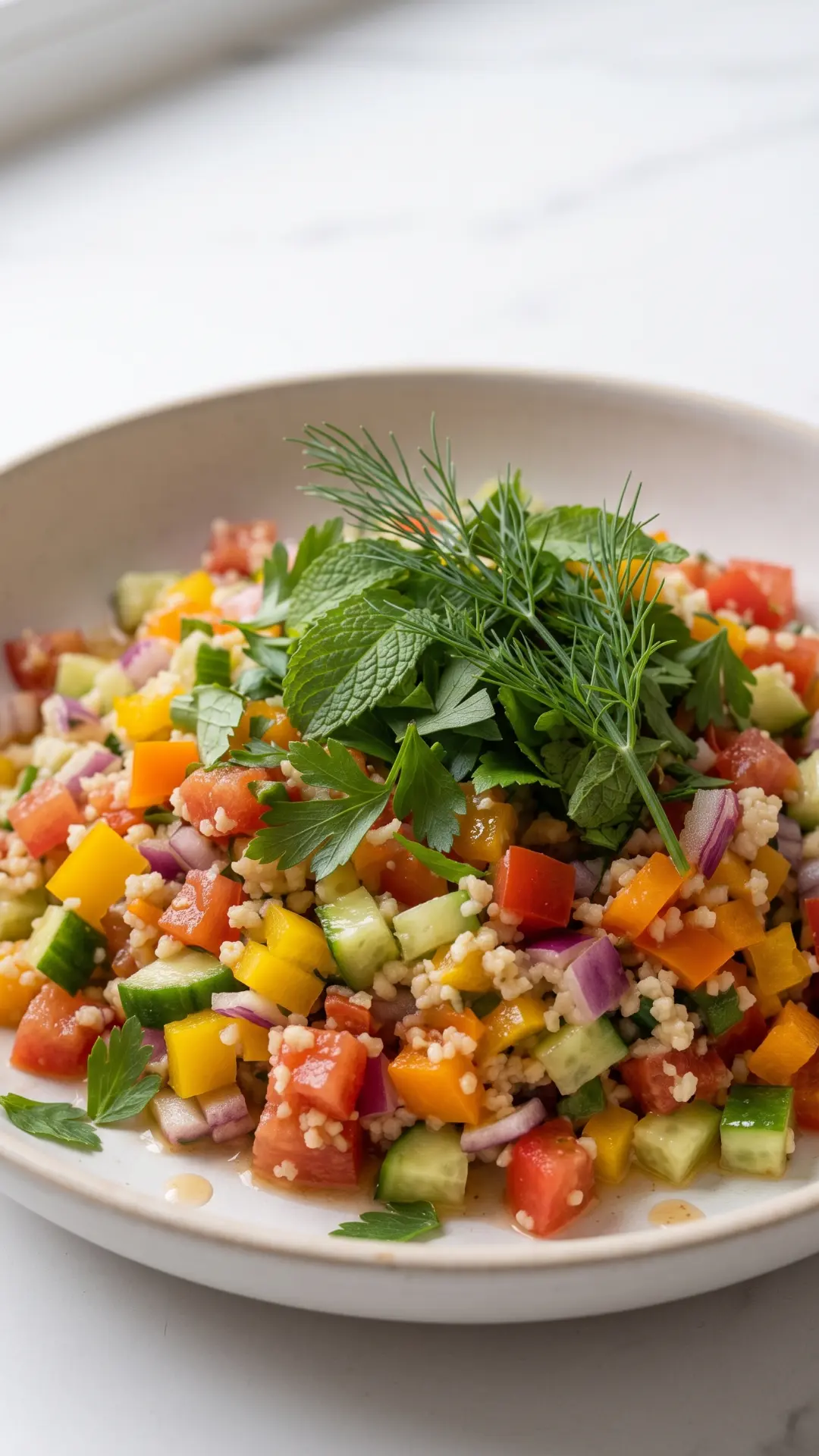Keto Couscous-Salat aus der Froschperspektive — Tiefe Perspektive, die das reiche Volumen und die Buntheit des Salats unterstreicht.