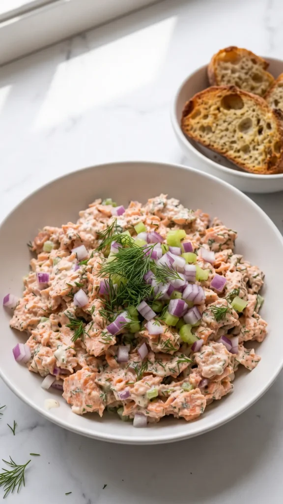Keto Lachs-Salat serviert mit Keto-Knoblauchbrot — Schüssel mit cremige Lachs-Salat direkt neben knusprigem Knoblauchbrot.