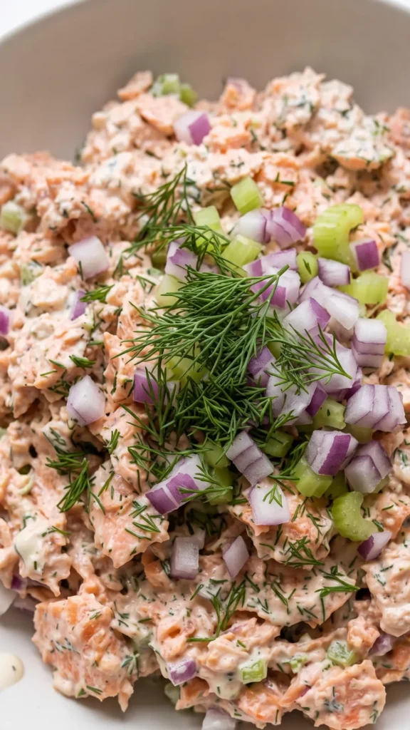 Nahaufnahme von Keto Lachs-Salat — Detailansicht der zarten Lachsflocken, Selleriewürfel und Dillsprenkel im Joghurt-Dressing.