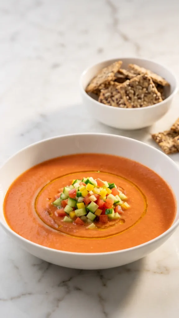 andalusische Gazpacho serviert mit Low-Carb Cracker — Erfrischende kalte Sommersuppe elegant angerichtet