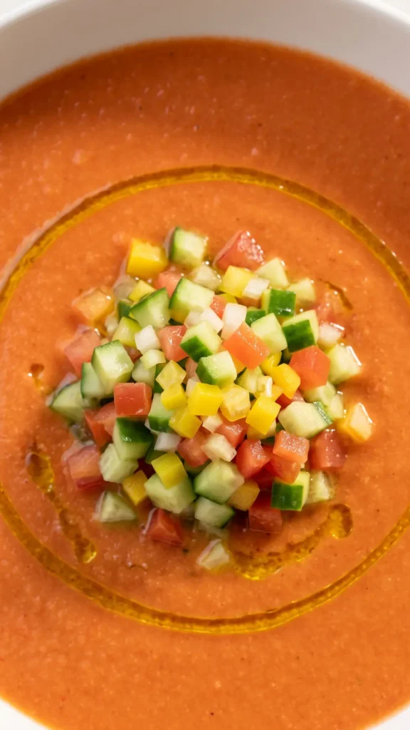 Nahaufnahme von andalusische Gazpacho — Detailansicht der perfekt emulgierten, sämigen Tomaten-Olivenöl-Basis