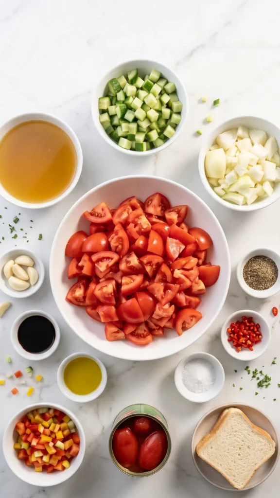 Zutaten für Thelses Gazpacho: Strauchtomaten, geschälte Tomaten, Salatgurke, Paprikaschote und Olivenöl