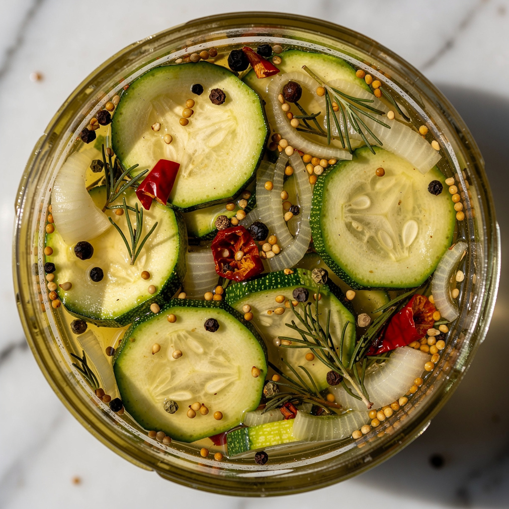 Nahaufnahme von Eingelegte Zucchini — feine Struktur von Zucchinischeiben und Gewürzen