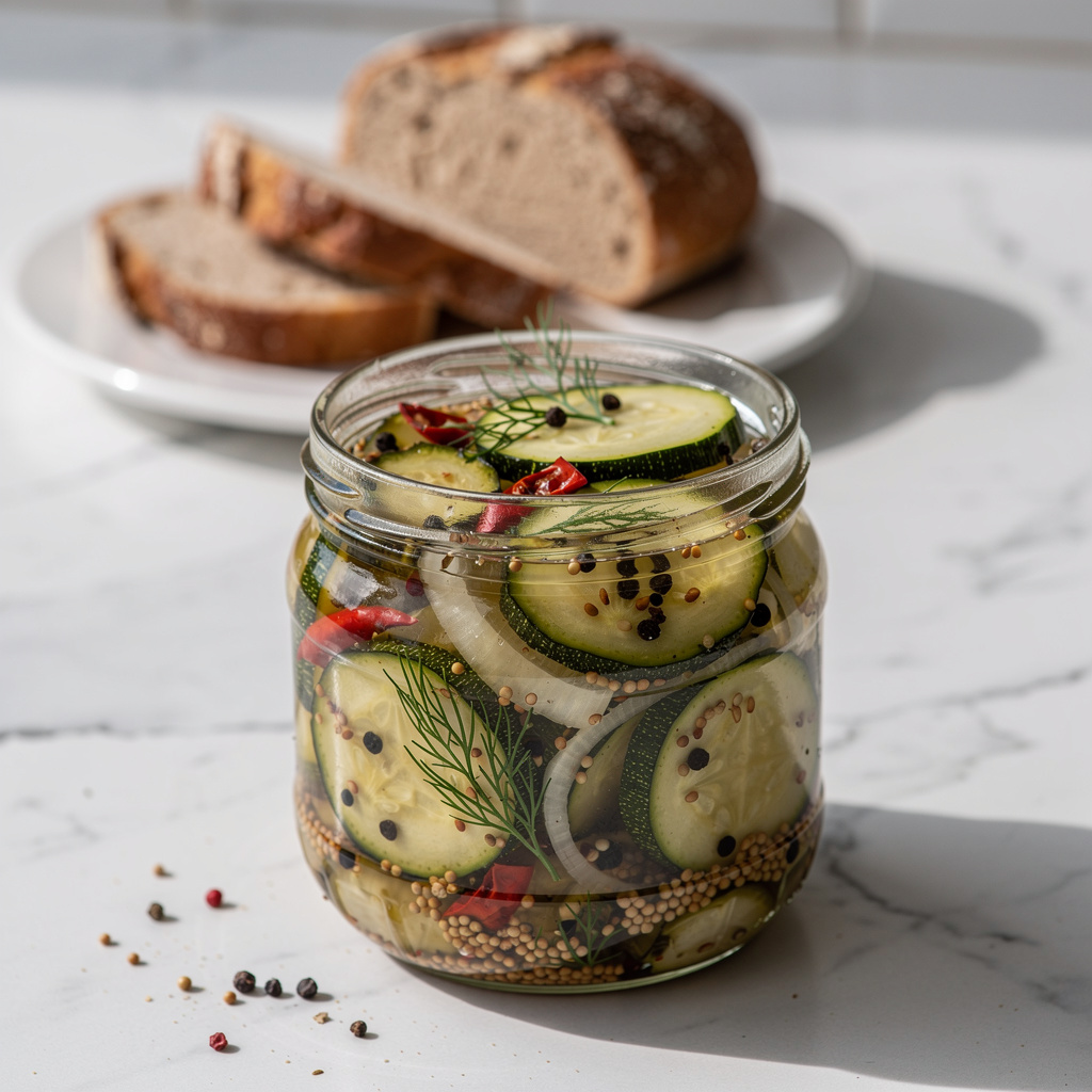 Eingelegte Zucchini serviert mit Keto-Brot — dekoratives Einmachglas auf Marmor