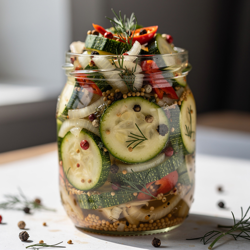 Eingelegte Zucchini im Glas aus flacher Perspektive — dichte Gemüseschichten