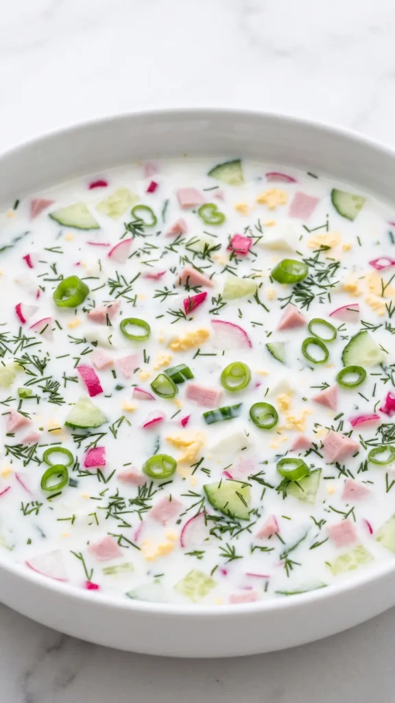 russische Sommersuppe kohlenhydratarm — Kalte, weiße Joghurtsuppe mit feinen Gurken- und Radieschenstücken