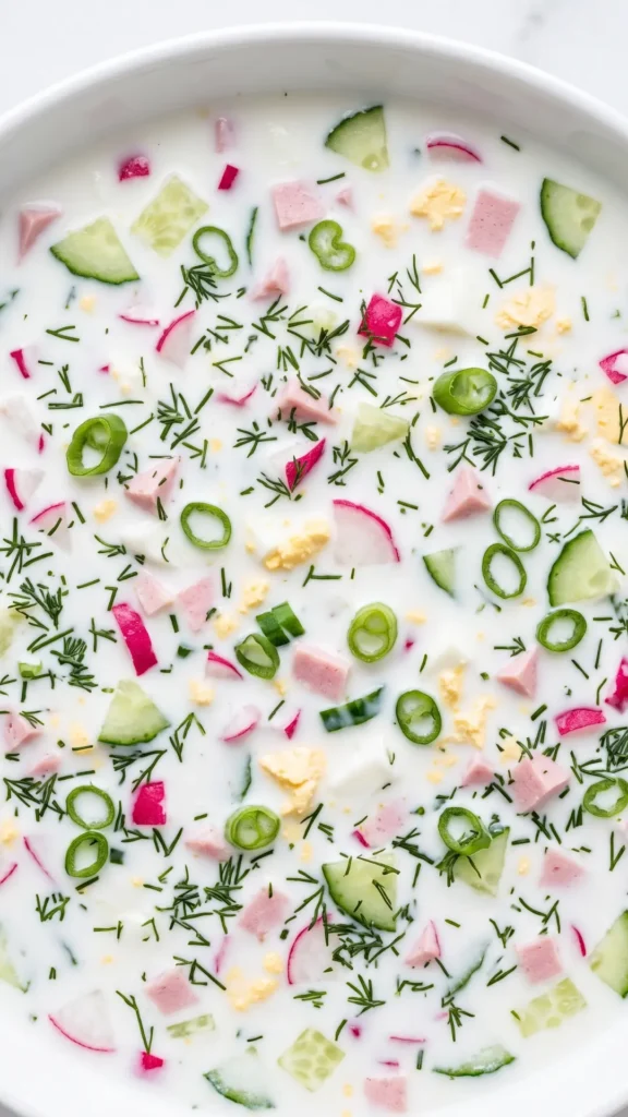 Nahaufnahme von russische Sommersuppe — Detailansicht der spritzigen Joghurtbasis mit fein gehacktem, frischem Dill