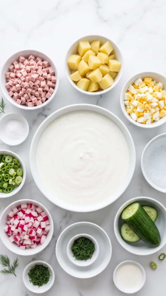 Zutaten für Akroschka: Gekochte Kartoffeln, Eier, Geflügelfleischwurst, Naturjoghurt und Radieschen