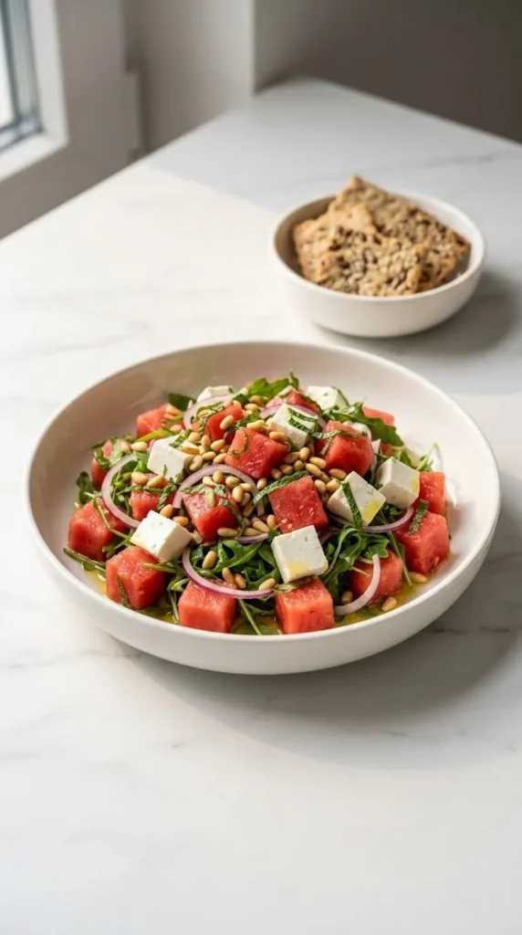 Wassermelonensalat mit Feta serviert mit Low-Carb Cracker — Leichtes Sommerszenario auf feinem weißem Marmor